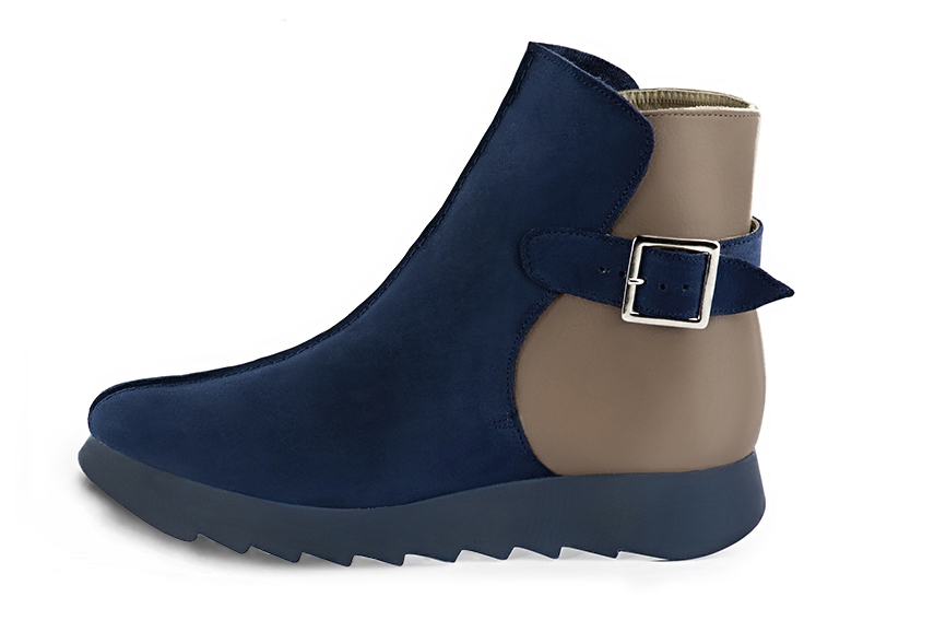 Women's navy blue and bronze beige elegant ankle boots, with buckles at the back. Round toe. Thick rubber soles - Profile view
